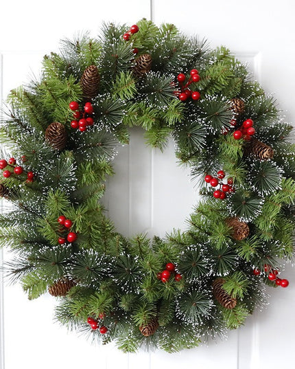 Coronita pentru Craciun , din brad artificial, decorata cu conuri si merisoare