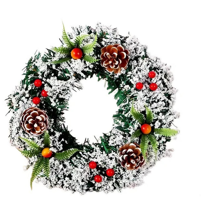 Coronita pentru Craciun diametru 40 cm, din brad artificial, decorata cu conuri si merisoare, inzapezit, /