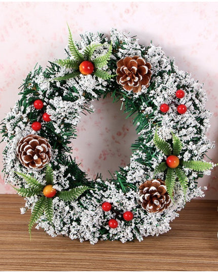 Coronita pentru Craciun diametru 40 cm, din brad artificial, decorata cu conuri si merisoare, inzapezit, /