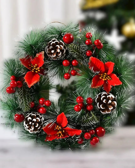 Coronita pentru Craciun diametru , din brad artificial, decorata cu conuri si merisoare, 3 Funde Rosii.