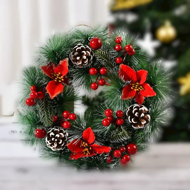 Coronita pentru Craciun diametru , din brad artificial, decorata cu conuri si merisoare, 3 Funde Rosii.