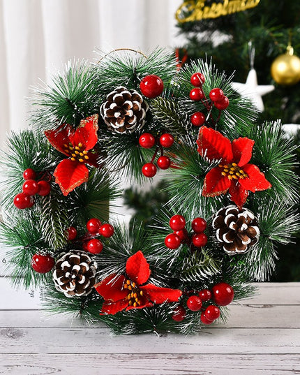Coronita pentru Craciun diametru , din brad artificial, decorata cu conuri si merisoare, 3 Funde Rosii.