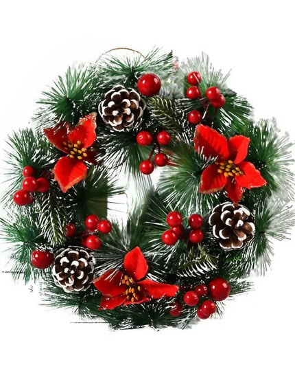 Coronita pentru Craciun diametru , din brad artificial, decorata cu conuri si merisoare, 3 Funde Rosii.