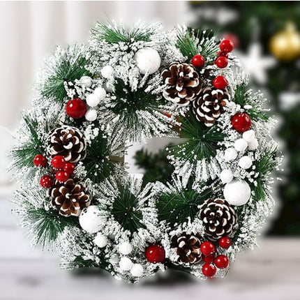 Coronita pentru Craciun diametru 40 cm, din brad artificial, decorata cu conuri si merisoare, inzapezit, /