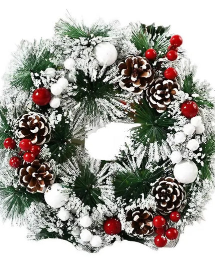 Coronita pentru Craciun diametru 40 cm, din brad artificial, decorata cu conuri si merisoare, inzapezit, /