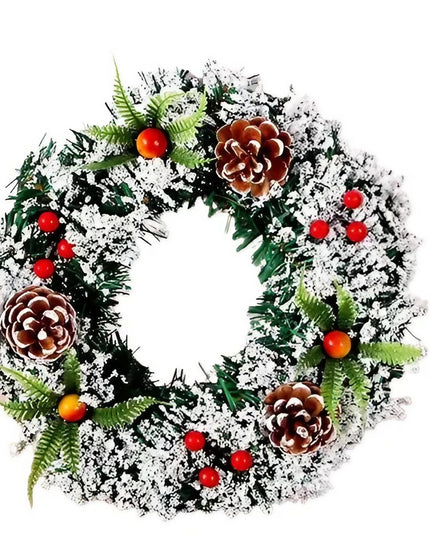 Coronita pentru Craciun diametru 40 cm, din brad artificial, decorata cu conuri si merisoare, inzapezit, /