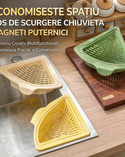 Cos Scurgere Chiuveta, Strecuratoare Triunghiulara pentru Bucatarie, Suport Depozitare, Cos Perforat, Clatire cu Jet de Apa, 23 x 9.5x 6 cm