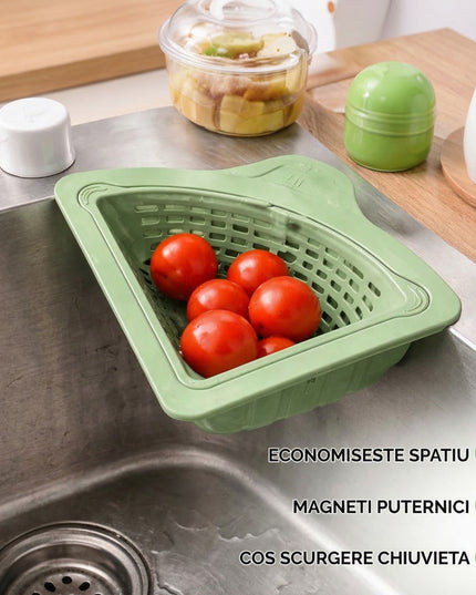 Cos Scurgere Chiuveta, Strecuratoare Triunghiulara pentru Bucatarie, Suport Depozitare, Cos Perforat, Clatire cu Jet de Apa, 23 x 9.5x 6 cm