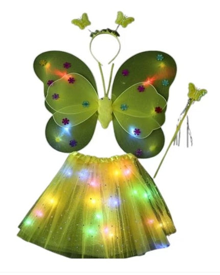 Costum Fluturas cu Aripi Modelabile Luminoase pentru Copii, Fusta din Tul cu Lumini, Bagheta si Bentita, 4 piese, Pentru Halloween, Roleplay, Craciun, Carnaval, Paste, Ziua Copilului, Bumbac/Poliester, Marime universala