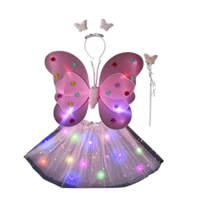 Costum Fluturas cu Aripi Modelabile Luminoase pentru Copii, Fusta din Tul cu Lumini, Bagheta si Bentita, 4 piese, Pentru Halloween, Roleplay, Craciun, Carnaval, Paste, Ziua Copilului, Bumbac/Poliester, Marime universala, Curcubeu