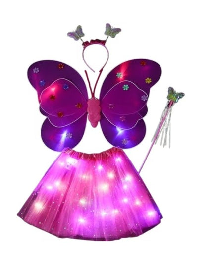 Costum Fluturas cu Aripi Modelabile Luminoase pentru Copii, Fusta din Tul cu Lumini, Bagheta si Bentita, 4 piese, Pentru Halloween, Roleplay, Craciun, Carnaval, Paste, Ziua Copilului, Bumbac/Poliester, Marime universala