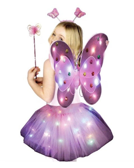 Costum Fluturas cu Aripi Modelabile Luminoase pentru Copii, Fusta din Tul cu Lumini, Bagheta si Bentita, 4 piese, Pentru Halloween, Roleplay, Craciun, Carnaval, Paste, Ziua Copilului, Bumbac/Poliester, Marime universala
