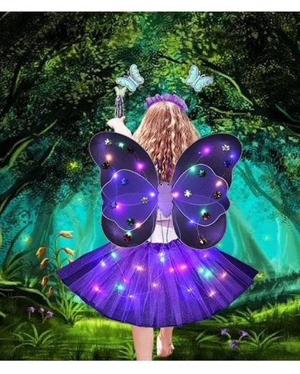 Costum Fluturas cu Aripi Modelabile Luminoase pentru Copii, Fusta din Tul cu Lumini, Bagheta si Bentita, 4 piese, Pentru Halloween, Roleplay, Craciun, Carnaval, Paste, Ziua Copilului, Bumbac/Poliester, Marime universala