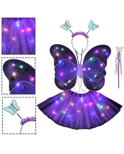 Costum Fluturas cu Aripi Modelabile Luminoase pentru Copii, Fusta din Tul cu Lumini, Bagheta si Bentita, 4 piese, Pentru Halloween, Roleplay, Craciun, Carnaval, Paste, Ziua Copilului, Bumbac/Poliester, Marime universala