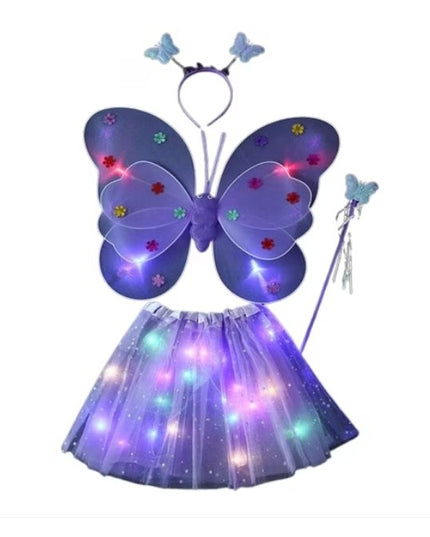 Costum Fluturas cu Aripi Modelabile Luminoase pentru Copii, Fusta din Tul cu Lumini, Bagheta si Bentita, 4 piese, Pentru Halloween, Roleplay, Craciun, Carnaval, Paste, Ziua Copilului, Bumbac/Poliester, Marime universala