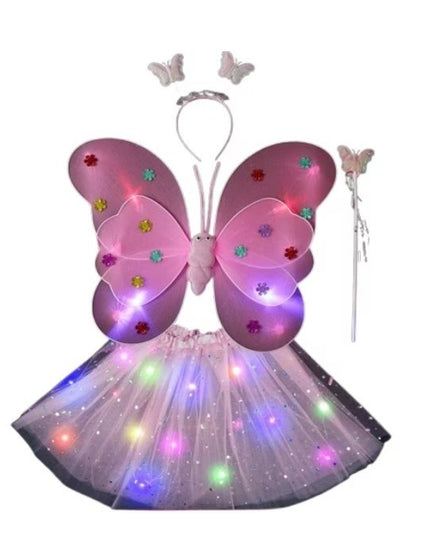 Costum Fluturas cu Aripi Modelabile Luminoase pentru Copii, Fusta din Tul cu Lumini, Bagheta si Bentita, 4 piese, Pentru Halloween, Roleplay, Craciun, Carnaval, Paste, Ziua Copilului, Bumbac/Poliester, Marime universala