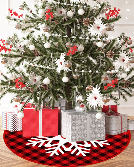 Covoras pentru Bradul de Craciun, din Tesatura Pufoasa, cu Fundite de Prindere, Model Fulg de Nea, Carouri