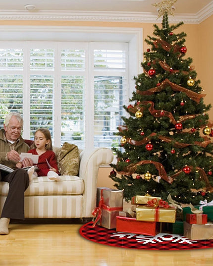 Covoras pentru Bradul de Craciun, din Tesatura Pufoasa, cu Fundite de Prindere, Model Fulg de Nea, Carouri