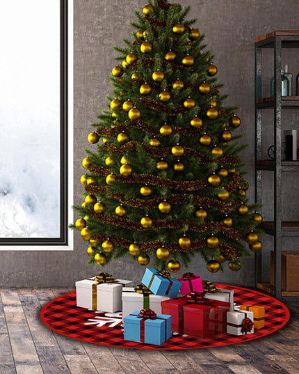 Covoras pentru Bradul de Craciun, din Tesatura Pufoasa, cu Fundite de Prindere, Model Fulg de Nea, Carouri