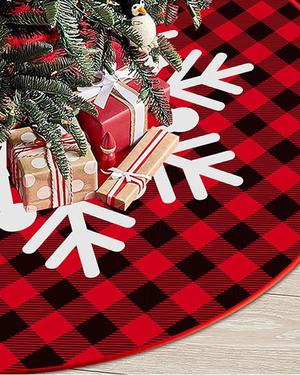 Covoras pentru Bradul de Craciun, din Tesatura Pufoasa, cu Fundite de Prindere, Model Fulg de Nea, Carouri