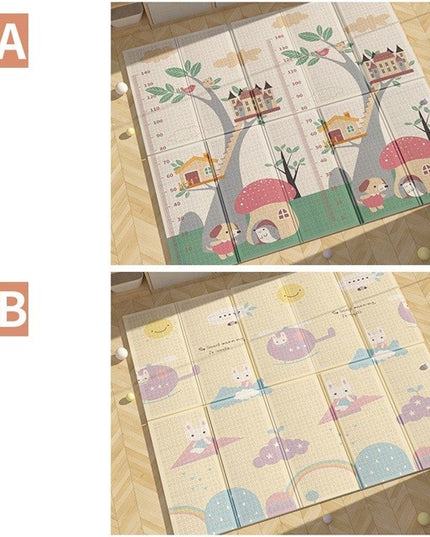 Covoras pentru Copii, cu 2 Fete, Model Casute in Copaci/Iepurasi, din XPE+PE, Impermeabil, Antiderapant, Protectie Termica, +3 Luni, Pliabil