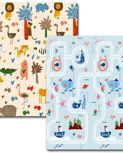 Covoraș de Joaca pentru Copii Termic cu 2 Fete, Model Lumea Animalelor si Calatorie pe mare, cu Spuma, Impermeabil, Antiderapant