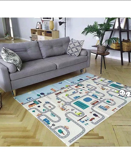 Covoras de Joaca pentru Copii Termic cu 2 Fete, Model Vulpi si Pista de Masini, cu Spuma, Impermeabil, Antiderapant, x x