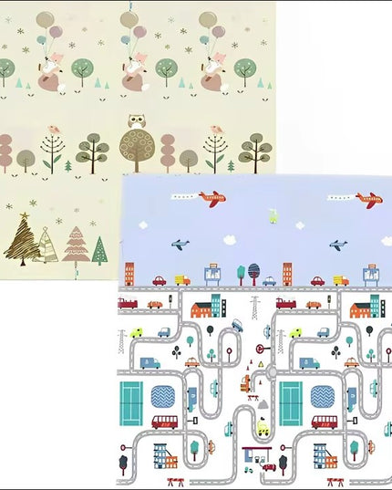 Covoras de Joaca pentru Copii Termic cu 2 Fete, Model Vulpi si Pista de Masini, cu Spuma, Impermeabil, Antiderapant, x x