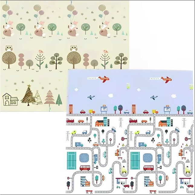 Covoras de Joaca pentru Copii Termic cu 2 Fete, Model Vulpi si Pista de Masini, cu Spuma, Impermeabil, Antiderapant, x x