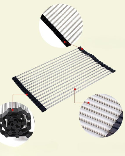 Covoras de Scurgere pentru Chiuveta Bucatarie, din Otel Inoxidabil, Suport Chiuveta, Pliabil, Antiderapant, Usor de Curatat si de Depozitat,15 Tuburi