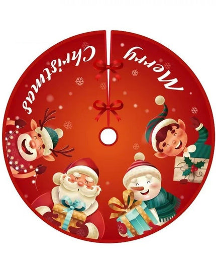 Covoras pentru Bradul de Craciun, din Tesatura Pufoasa, cu Fundite de Prindere, Model Mos Craciun si Ajutoarele