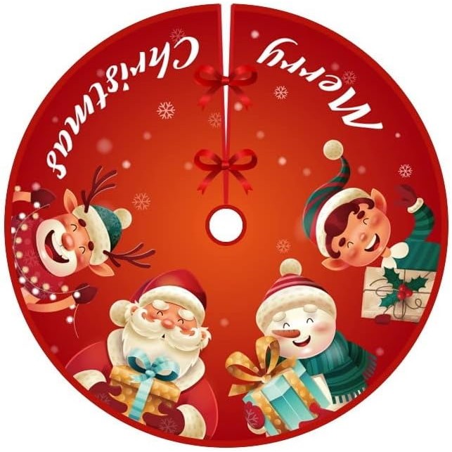 Covoras pentru Bradul de Craciun, din Tesatura Pufoasa, cu Fundite de Prindere, Model Mos Craciun si Ajutoarele