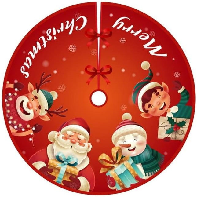 Covoras pentru Bradul de Craciun, din Tesatura Pufoasa, cu Fundite de Prindere, Model Mos Craciun si Ajutoarele