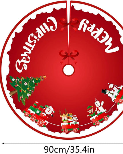 Covoras pentru Bradul de Craciun, din Tesatura Pufoasa, cu Fundite de Prindere, Model Sania lui Mos Craciun