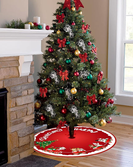 Covoras pentru Bradul de Craciun, din Tesatura Pufoasa, cu Fundite de Prindere, Model Sania lui Mos Craciun