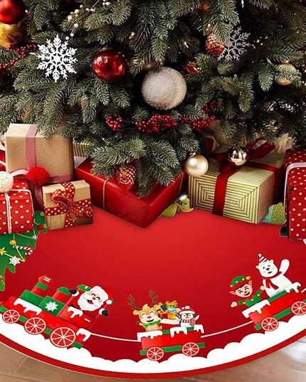 Covoras pentru Bradul de Craciun, din Tesatura Pufoasa, cu Fundite de Prindere, Model Sania lui Mos Craciun