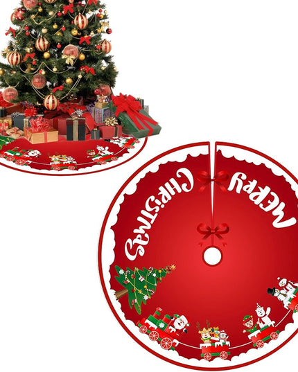 Covoras pentru Bradul de Craciun, din Tesatura Pufoasa, cu Fundite de Prindere, Model Sania lui Mos Craciun