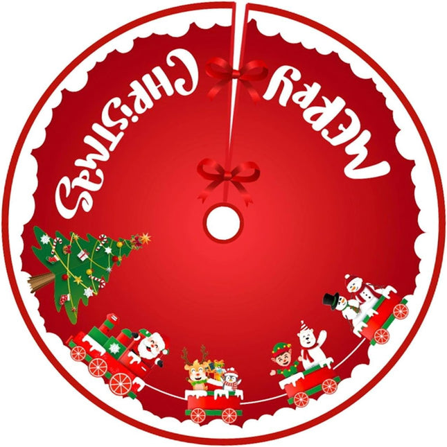 Covoras pentru Bradul de Craciun, din Tesatura Pufoasa, cu Fundite de Prindere, Model Sania lui Mos Craciun