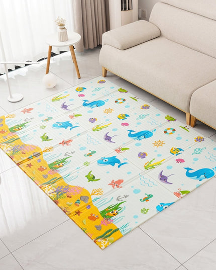 Covoras pentru Copii, cu 2 Fete, Model Animale Marine/Exotice, din XPE+PE, Impermeabil, Antiderapant, Protectie Termica, +3 Luni, Pliabil