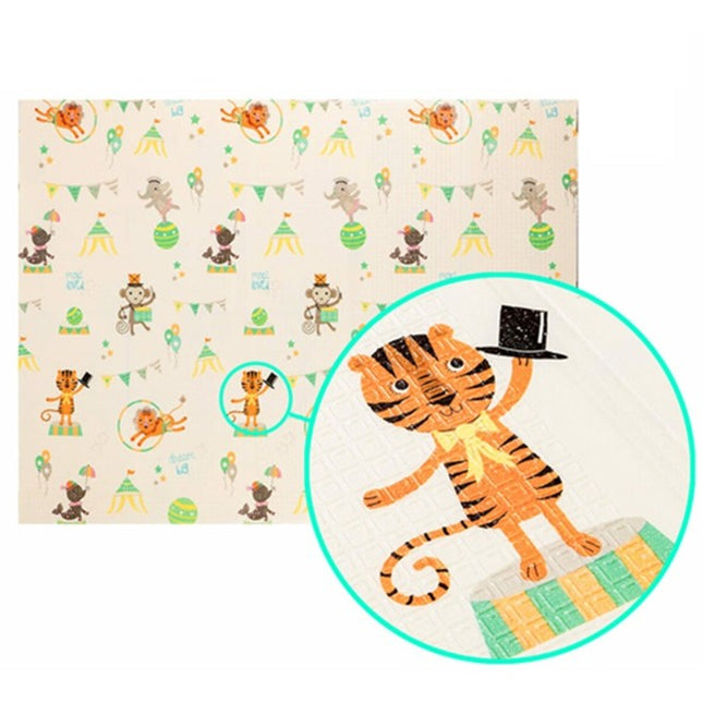 Covoras pentru Copii, cu 2 Fete, Model Caprioare/Circ, din XPE+PE, Impermeabil, Antiderapant, Protectie Termica, +3 Luni, Pliabil