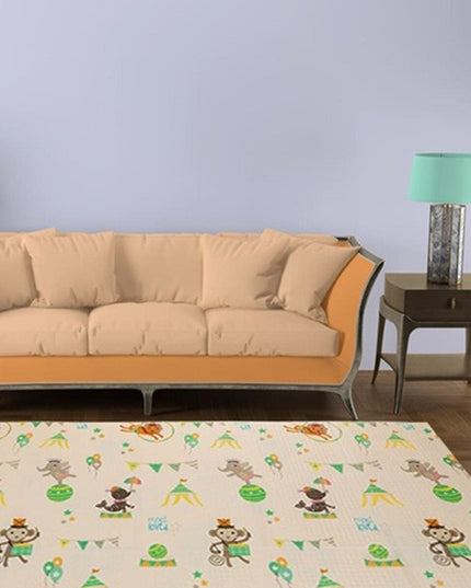 Covoras pentru Copii, cu 2 Fete, Model Caprioare/Circ, din XPE+PE, Impermeabil, Antiderapant, Protectie Termica, +3 Luni, Pliabil