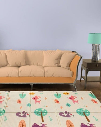 Covoras pentru Copii, cu 2 Fete, Model Caprioare/Circ, din XPE+PE, Impermeabil, Antiderapant, Protectie Termica, +3 Luni, Pliabil