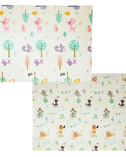 Covoras pentru Copii, cu 2 Fete, Model Caprioare/Circ, din XPE+PE, Impermeabil, Antiderapant, Protectie Termica, +3 Luni, Pliabil