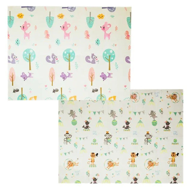 Covoras pentru Copii, cu 2 Fete, Model Caprioare/Circ, din XPE+PE, Impermeabil, Antiderapant, Protectie Termica, +3 Luni, Pliabil