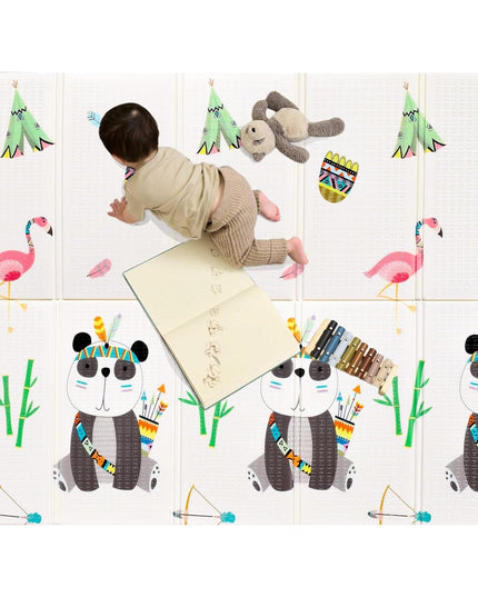 Covoras pentru Copii, cu 2 Fete, Model Caprioare/Panda, din XPE+PE, Impermeabil, Antiderapant, Protectie Termica, +3 Luni, Pliabil