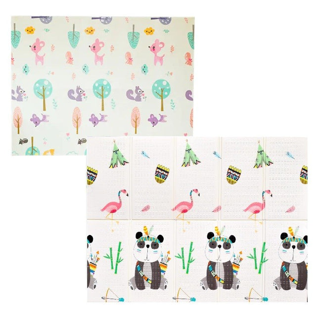 Covoras pentru Copii, cu 2 Fete, Model Caprioare/Panda, din XPE+PE, Impermeabil, Antiderapant, Protectie Termica, +3 Luni, Pliabil