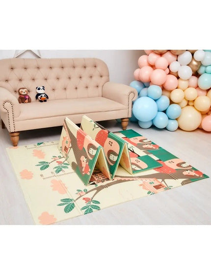 Covoras pentru Copii, cu 2 Fete, Model Casute in Copaci/Iepurasi, din XPE+PE, Impermeabil, Antiderapant, Protectie Termica, +3 Luni, Pliabil