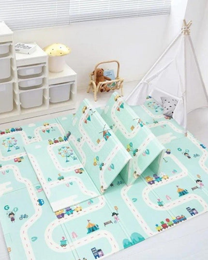 Covoras pentru Copii, cu 2 Fete, Model Drum/Safari, din XPE+PE, Impermeabil, Antiderapant, Protectie Termica, +3 Luni, Pliabil