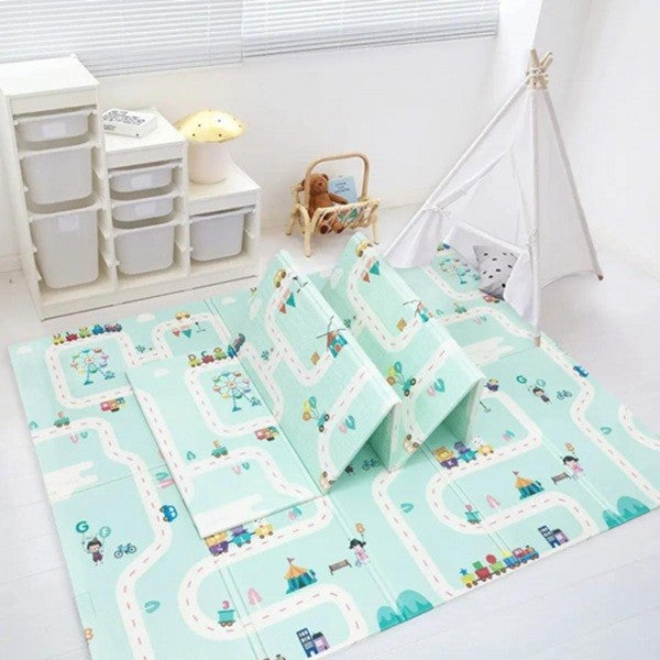 Covoras pentru Copii, cu 2 Fete, Model Drum/Safari, din XPE+PE, Impermeabil, Antiderapant, Protectie Termica, +3 Luni, Pliabil