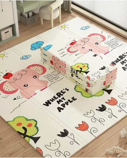 Covoras pentru Copii, cu 2 Fete, Model Elefantei/Padure, din XPE+PE, Impermeabil, Antiderapant, Protectie Termica, +3 Luni, Pliabil